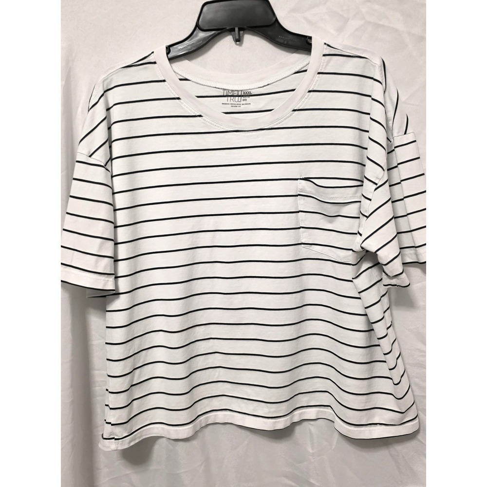 Time and Tru Womens XXXL 3XL White Black Striped Short Sleeve Pocket Tee Shirt